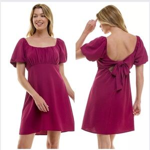 Magenta Puff Sleeve bow back dress